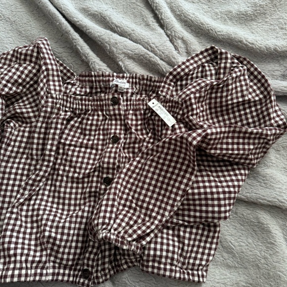 Madewell Puff Sleeve Button Front Crop Top in brown gingham - Picture 7 of 10